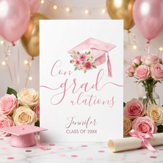Roze Aquarel Bloemen Congrats Afstudeerkaart Kaart
