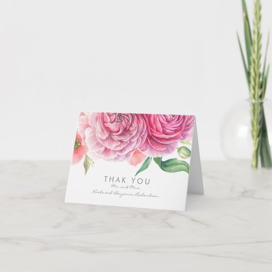 Roze Aquarel Bloemen Elegante Trouw Dank Je Bedankkaart (Voorkant)