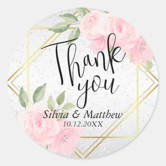 Roze Aquarel Bloemen en Witte Glitters Ronde Sticker (Voorkant)