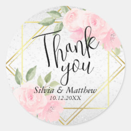 Roze Aquarel Bloemen en Witte Glitters Ronde Sticker