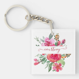 Roze aquarel bloemen gepersonaliseerd sleutelhanger