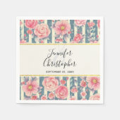 Roze Aquarel Bloemen op Strepen Bruiloft Servet (Voorkant)