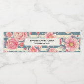 Roze Aquarel Bloemen op Strepen Bruiloft Waterfles Etiket (Enkel label)