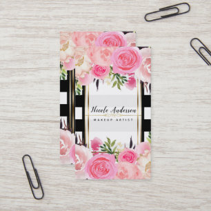 Roze Aquarel Bloemen Zwart Witte Strepen Klasse Visitekaartje