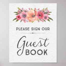 Roze Aquarel Bloemengastenboek Huwelijksbord Poster