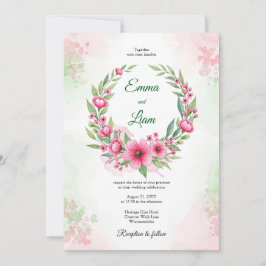 Roze Aquarel Bloemenkrans Trouw Uitnodiging