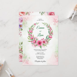 Roze Aquarel Bloemenkrans Trouw Uitnodiging