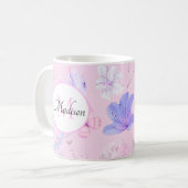 Roze Aquarel Bloemenvlinders Monogram Koffiemok (Voorkant links)