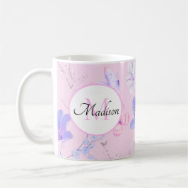 Roze Aquarel Bloemenvlinders Monogram Koffiemok