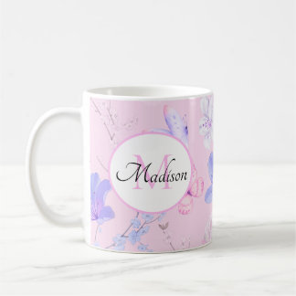 Roze Aquarel Bloemenvlinders Monogram Koffiemok