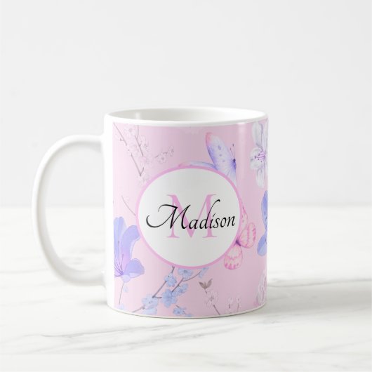 Roze Aquarel Bloemenvlinders Monogram Koffiemok (Links)