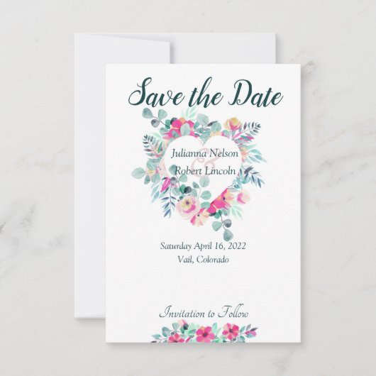 Roze aquarel bloemhart save the date uitnodiging (Voorkant)