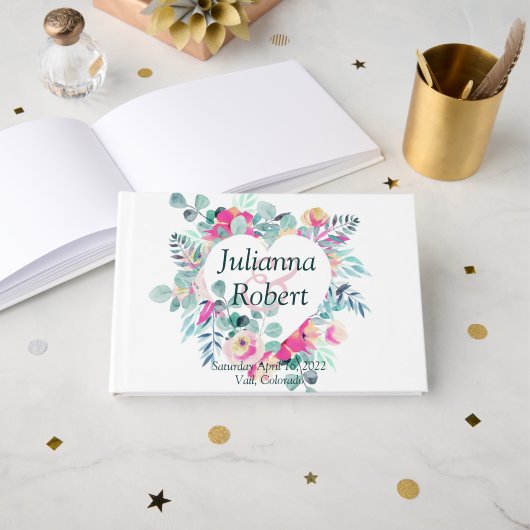 Roze aquarel bloemhart trouw gastboek gastenboek (Voorkant open)