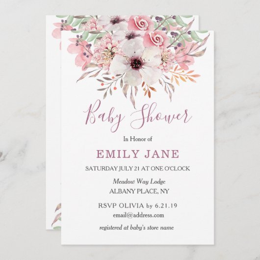 Roze Aquarel Bloemige Baby Shower Uitnodiging (Voorkant / Achterkant)