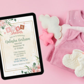 Roze Aquarel Bloemige Bladeren Baby Shower Kaart