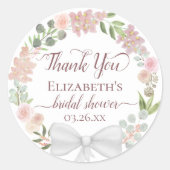 Roze Aquarel Bloemige Bruidsfeest Dank Je Ronde Sticker (Voorkant)