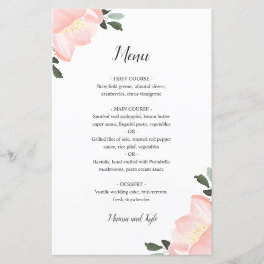 Roze Aquarel Bloemige Elegante Trouwmenu (Voorkant)