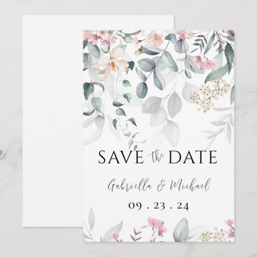 Roze Aquarel Bloemige Groene Bruiloft Save The Date (Voorkant / Achterkant)