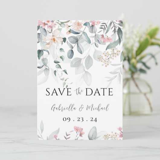 Roze Aquarel Bloemige Groene Trouwdag Save The Date (Staand voorkant)