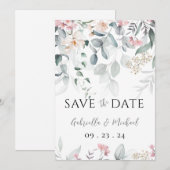 Roze Aquarel Bloemige Groene Trouwdag Save The Date (Voorkant / Achterkant)