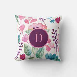 Roze Aquarel Bloemige Kunst Leuke Monogram Kussen