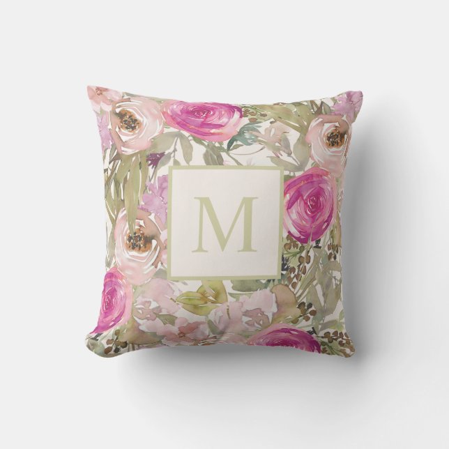 Roze Aquarel Bloemige Monogram Initiaal Buitenkussen (Voorkant)