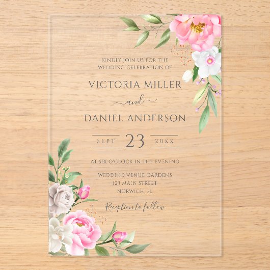 Roze Aquarel Bloemige Pioenrozen Elegante Trouwdag Acryl Uitnodigingen (Voorkant)