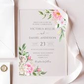 Roze Aquarel Bloemige Pioenrozen Elegante Trouwdag Acryl Uitnodigingen