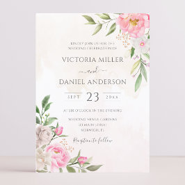 Roze Aquarel Bloemige Pioenrozen Elegante Trouwdag Kaart