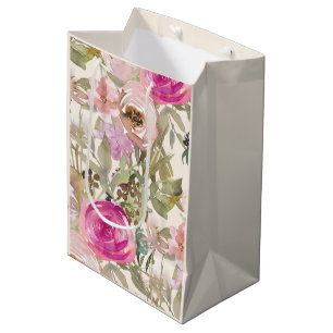 Roze Aquarel Bloemige Salie Groene Bladeren Crème  Medium Cadeauzakje