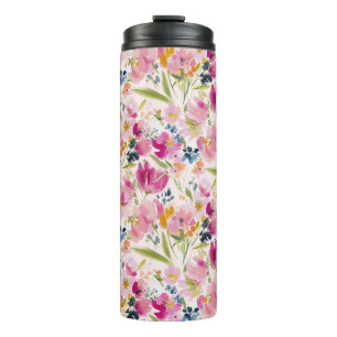 Roze Aquarel Bloemige Shabby Chic Patroon Thermosbeker