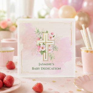 Roze Aquarel Bloemkruis Baby Toewijding Naam Servet