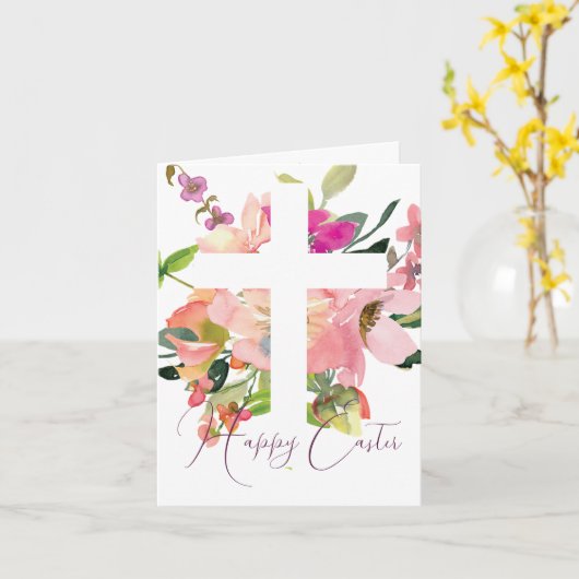 Roze aquarel bloemkruis Pasen Kaart (Gele Bloem)