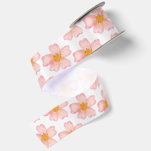 Roze Aquarel Bloemmotief Satijnen Lint