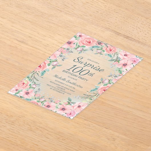 Roze Aquarel Bloemrozen Parels 100e Verjaardag Acryl Uitnodigingen (Laagn)