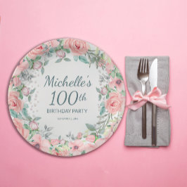 Roze Aquarel Bloemrozen Parels 100ste Verjaardag Papieren Bordje