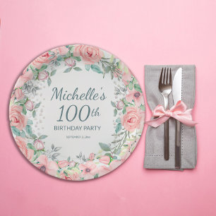 Roze Aquarel Bloemrozen Parels 100ste Verjaardag Papieren Bordje