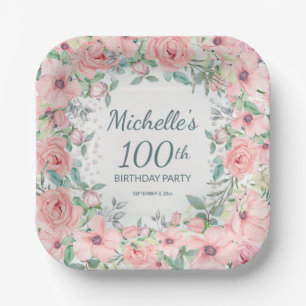 Roze Aquarel Bloemrozen Parels 100ste Verjaardag Papieren Bordje