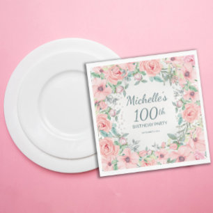 Roze Aquarel Bloemrozen Parels 100ste Verjaardag Servet