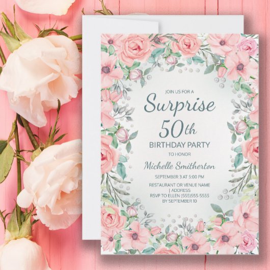 Roze Aquarel Bloemrozen Parels 50e Verjaardag