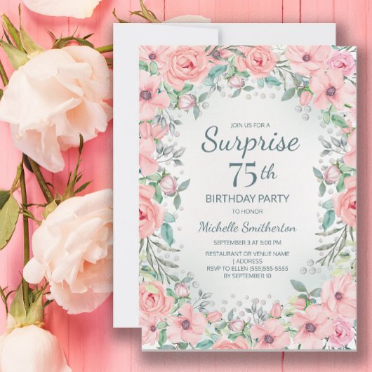 Roze Aquarel Bloemrozen Parels 75e Verjaardag