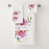 Roze aquarel bloemstuk gepersonaliseerd bad handdoek (Insitu)