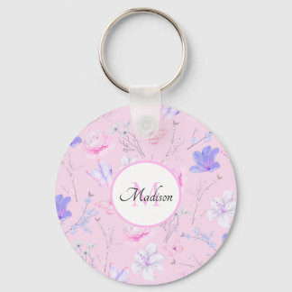 Roze Aquarel Bloemvlinders Monogram Sleutelhanger