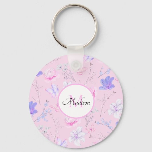 Roze Aquarel Bloemvlinders Monogram Sleutelhanger (Voorkant)