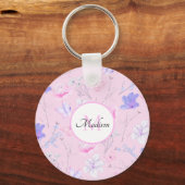 Roze Aquarel Bloemvlinders Monogram Sleutelhanger (Voorkant)