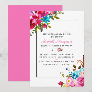 Roze Aquarel Boho Chic Bloemachtige Baby Shower Kaart