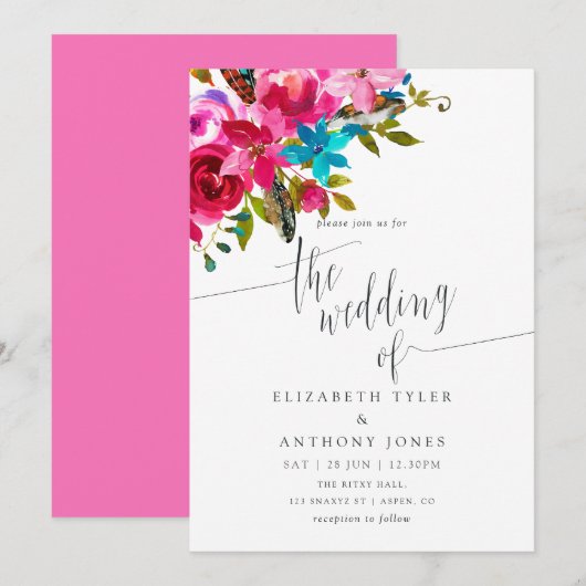 Roze Aquarel Boho Chic Bloemige Trouw Uitnodiging (Voorkant / Achterkant)