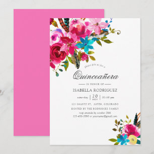 Roze Aquarel Boho Chic Bloemstuk Quinceañera Kaart