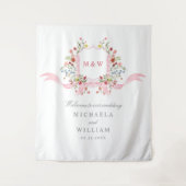 Roze Aquarel Botanische Regency Wapen Huwelijk Wandkleed (Voorkant)