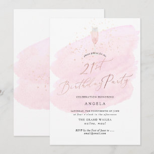 Roze Aquarel Champagneglas+Bellen Kaart